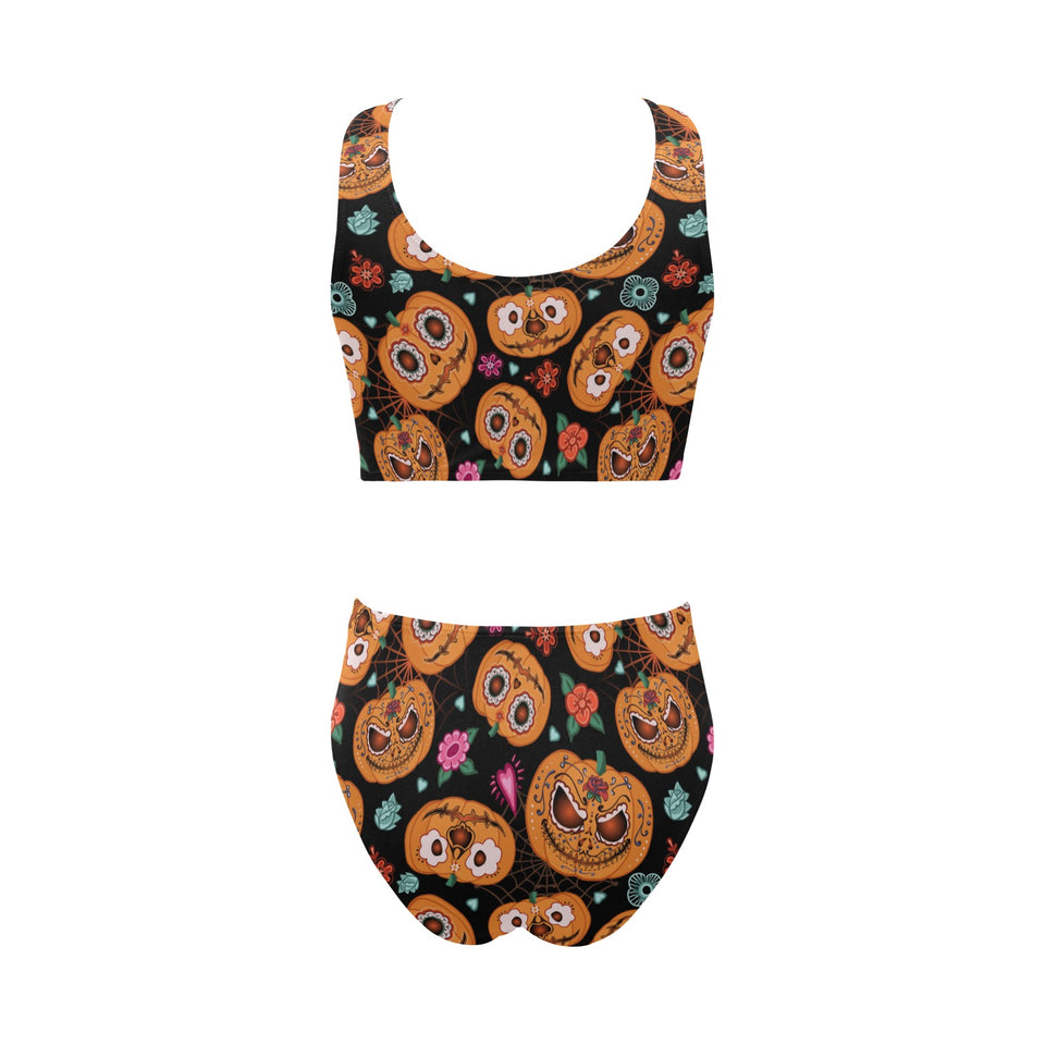 Pumpkin flowers spiderweb Halloween theme Chest Bowknot High Waisted Bikini Swimsuit