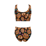Pumpkin flowers spiderweb Halloween theme Chest Bowknot High Waisted Bikini Swimsuit