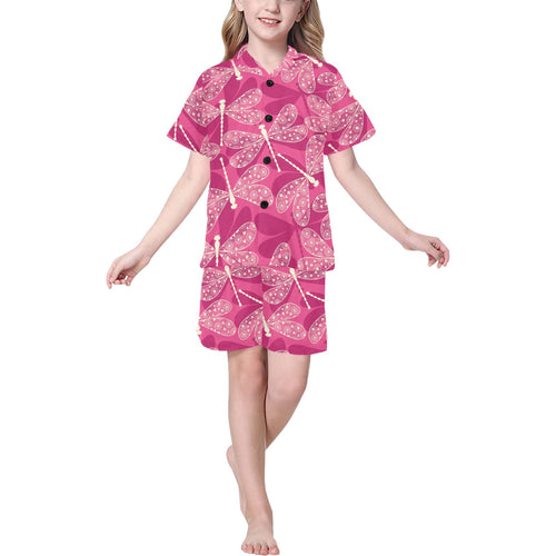 Beautiful dragonfly pink background Kids' Boys' Girls' V-Neck Short Pajama Set