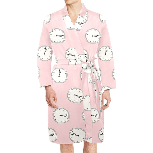 Clock pattern pink blackground Men's Long Sleeve Belted Night Robe