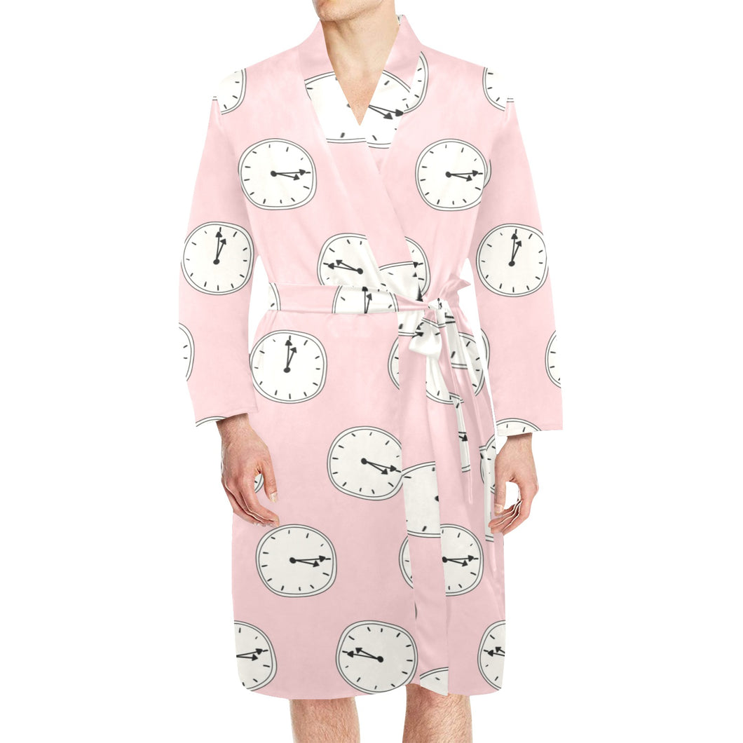 Clock pattern pink blackground Men's Long Sleeve Belted Night Robe
