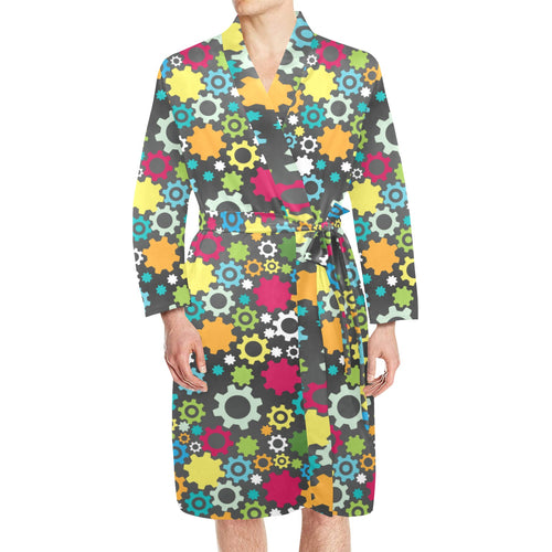 Gear Pattern Print Design 03 Men's Long Sleeve Belted Night Robe