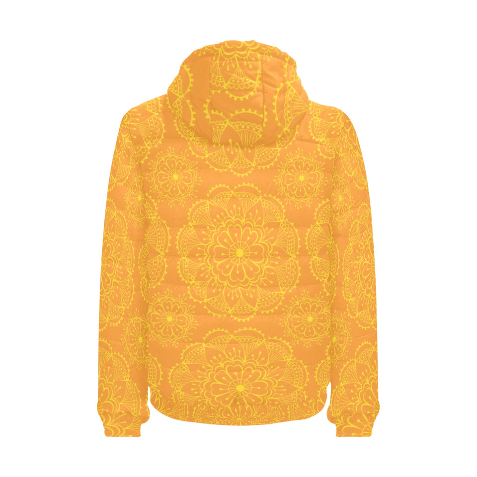 Orange traditional indian element pattern Men's Padded Hooded Jacket