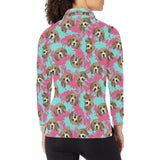 Beagle muzzles turquoise paint splashes pink patte Women's Long Sleeve Polo Shirt