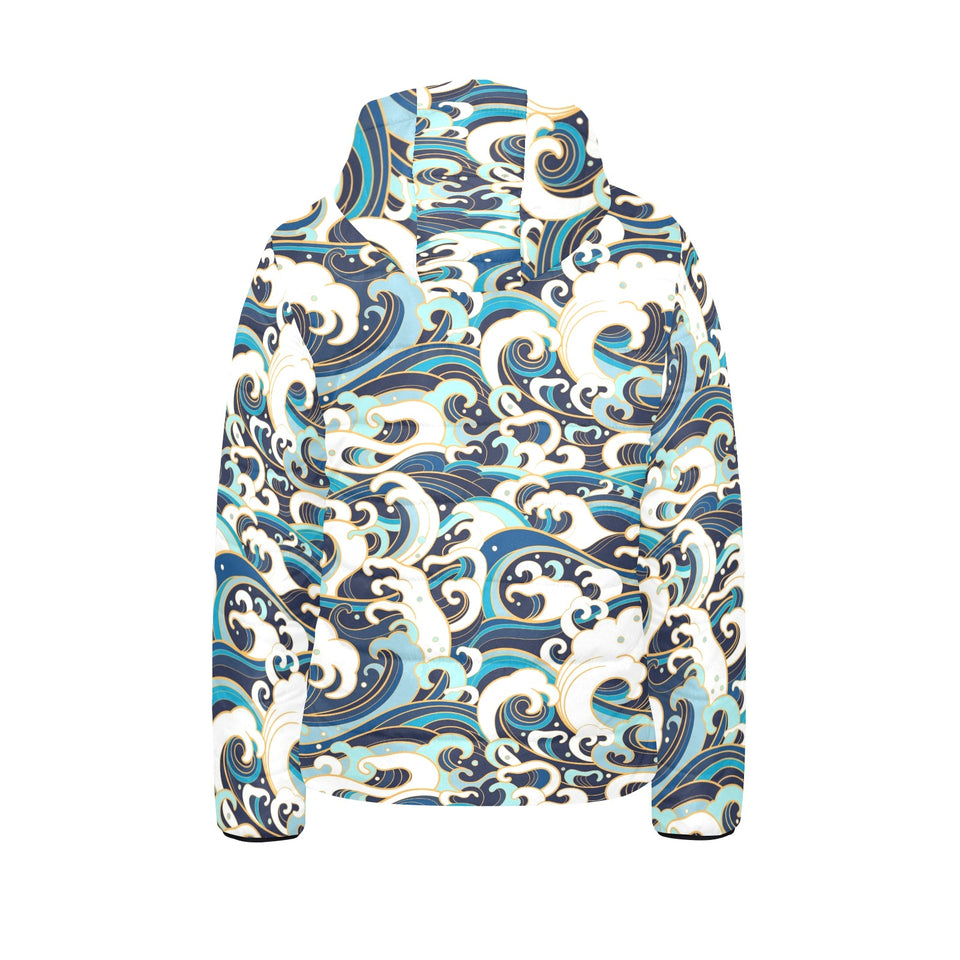 Japanese wave pattern Kids' Boys' Girls' Padded Hooded Jacket