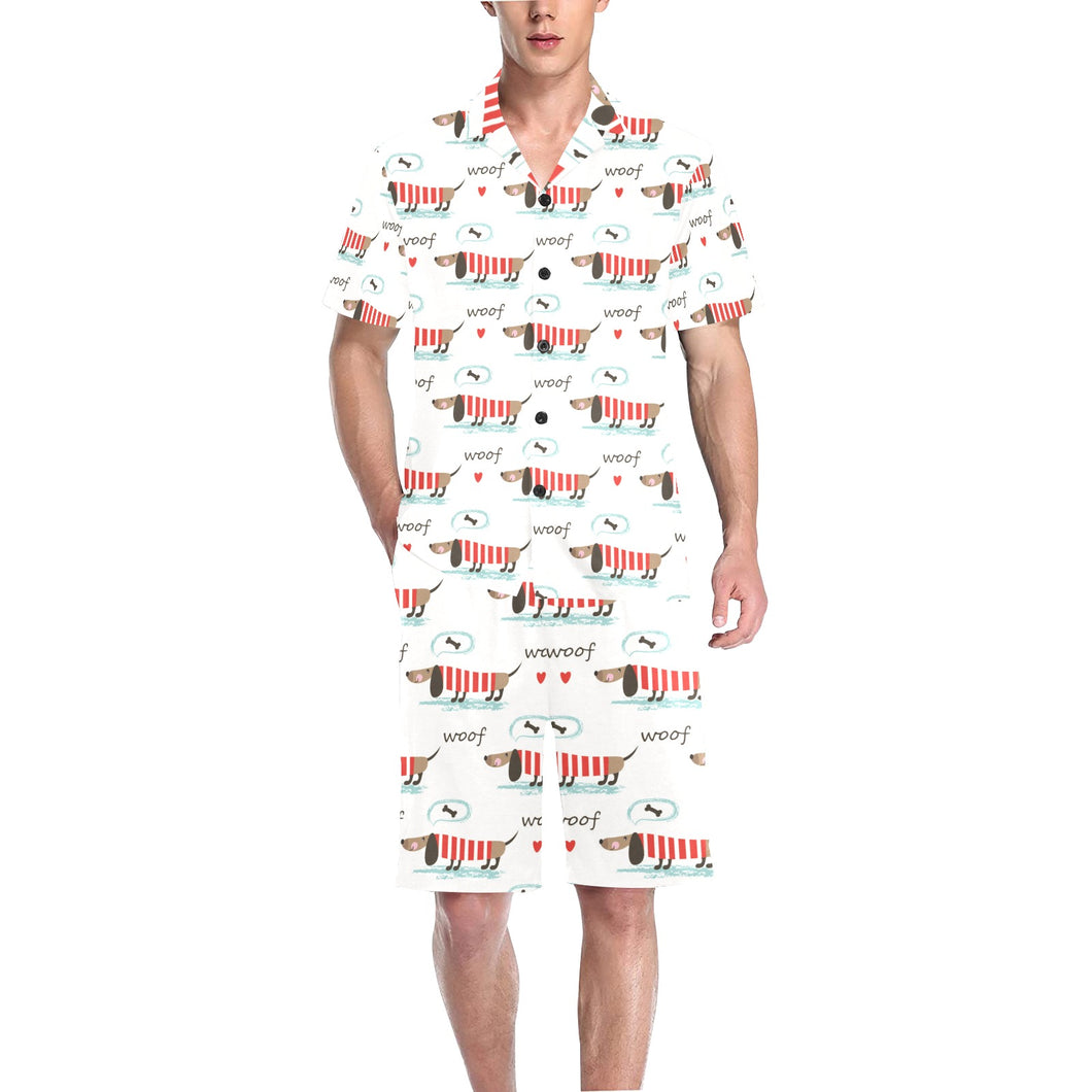 Cute dachshund bone pattern Men's V-Neck Short Pajama Set
