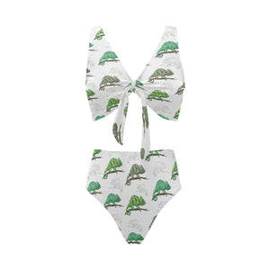 Chameleon lizard pattern Chest Bowknot High Waisted Bikini Swimsuit