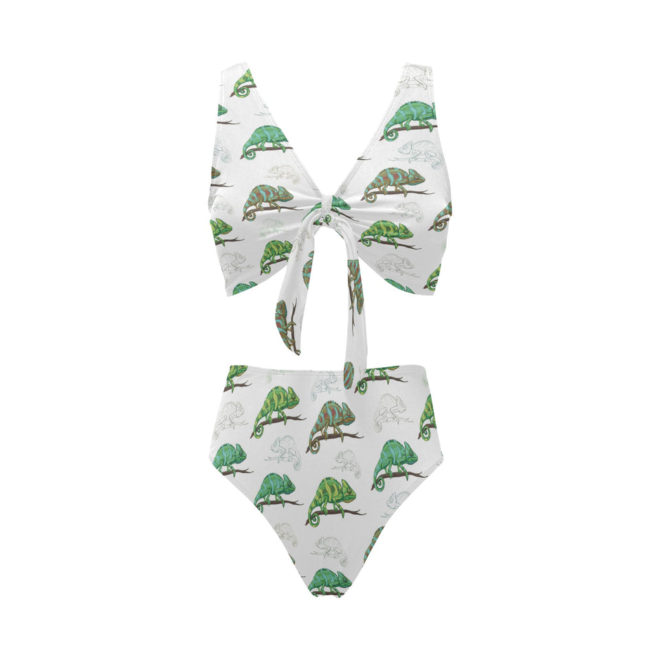 Chameleon lizard pattern Chest Bowknot High Waisted Bikini Swimsuit