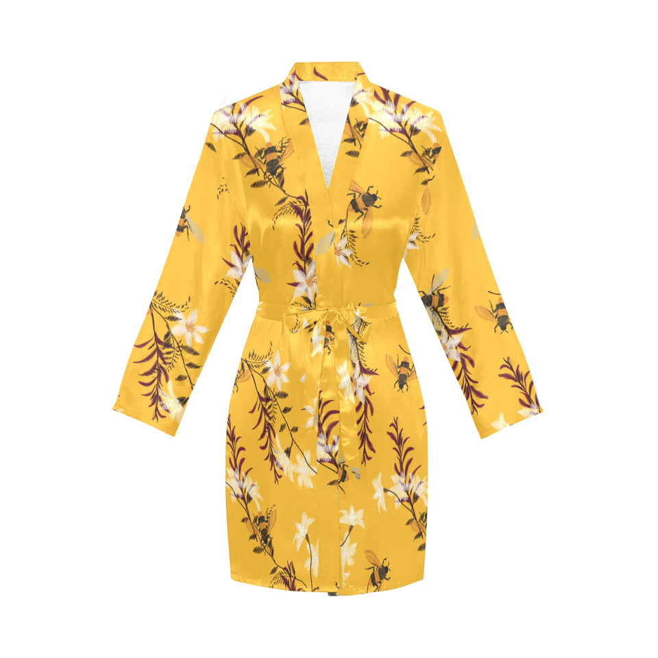 Bee flower pattern Women's Long Sleeve Belted Night Robe