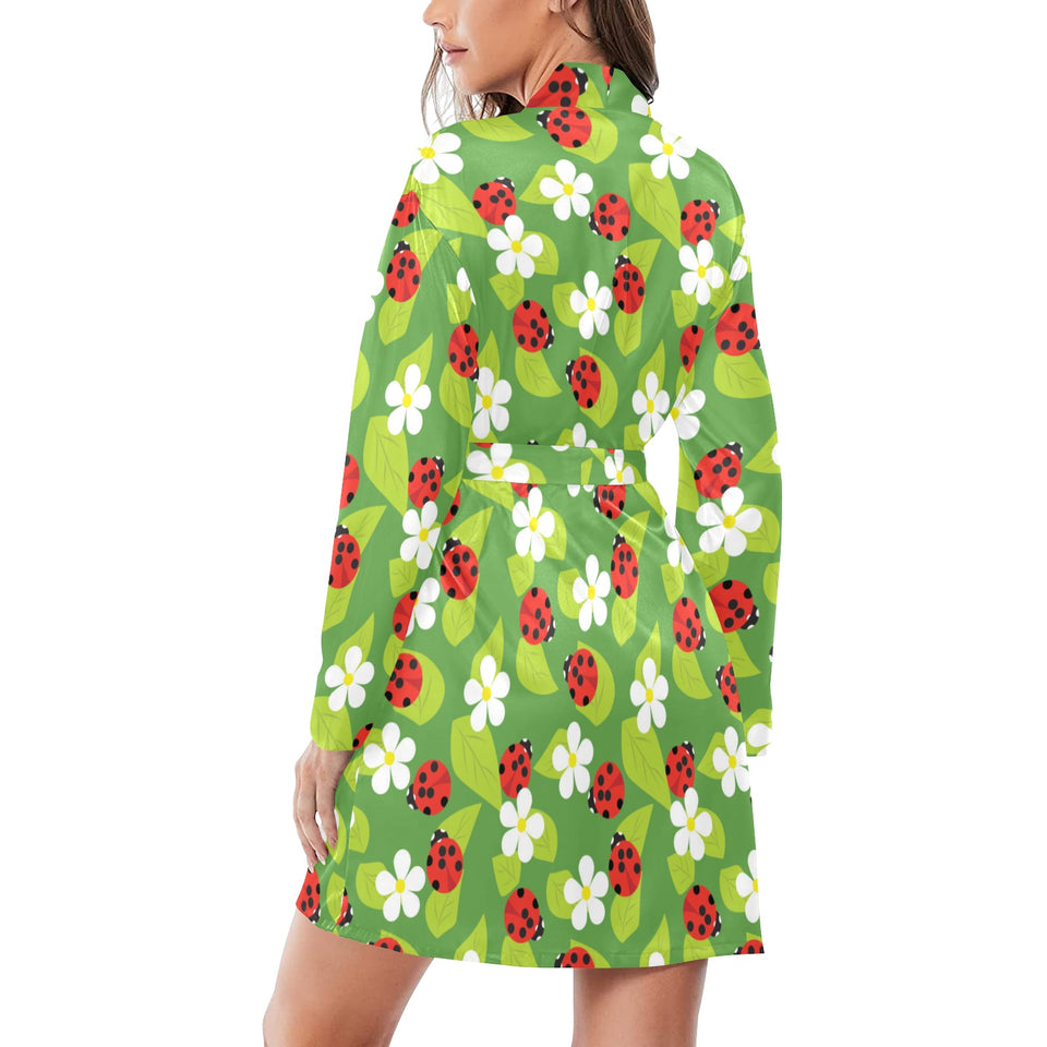 Ladybug Pattern Print Design 01 Women's Long Sleeve Belted Night Robe