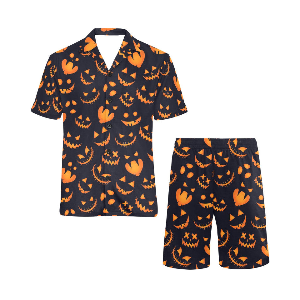Halloween pattern Pumpkin background Men's V-Neck Short Pajama Set