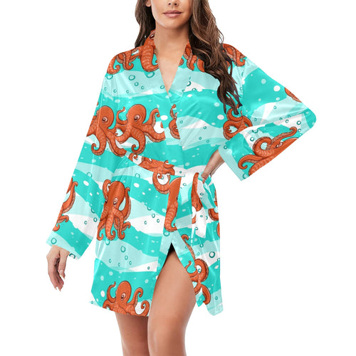 Octopuses sea wave background Women's Long Sleeve Belted Night Robe