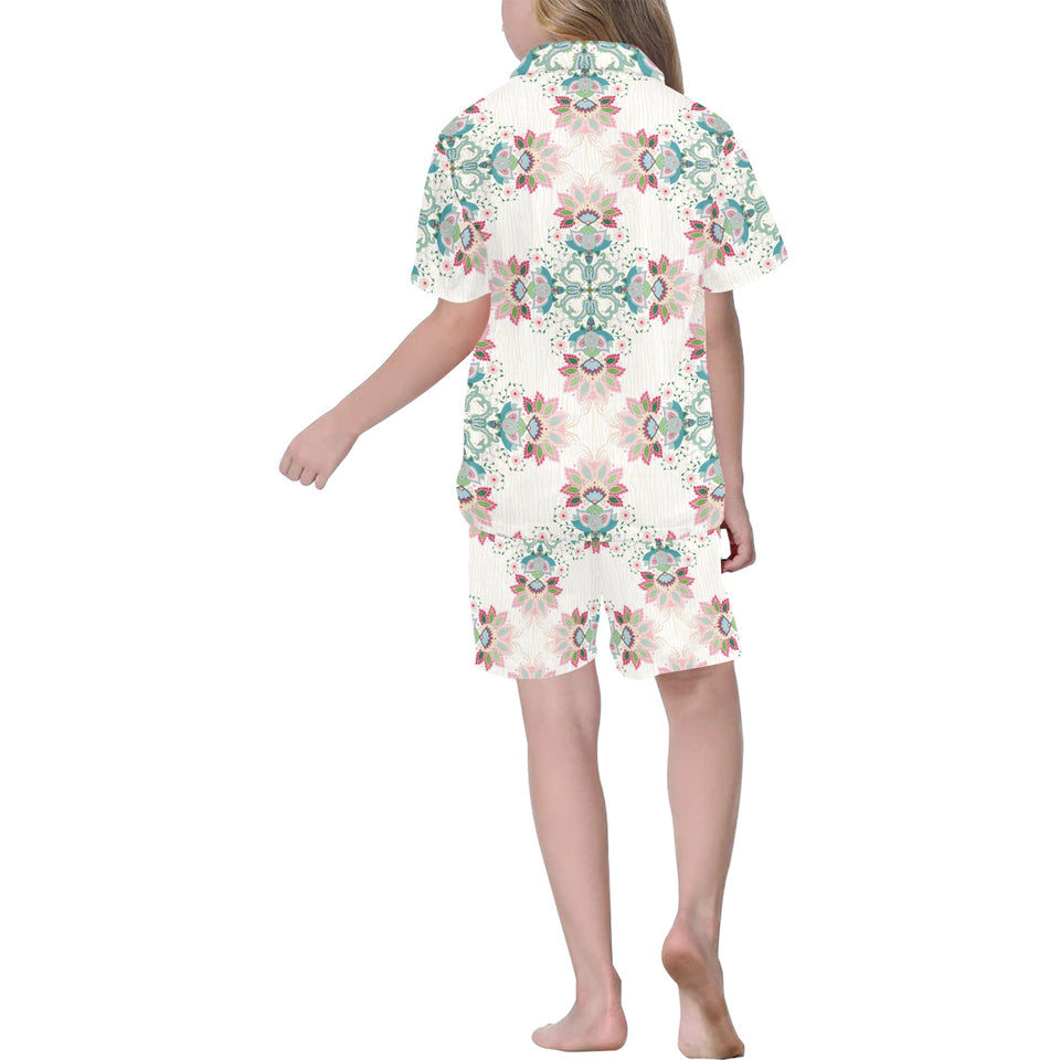 Square floral indian flower pattern Kids' Boys' Girls' V-Neck Short Pajama Set