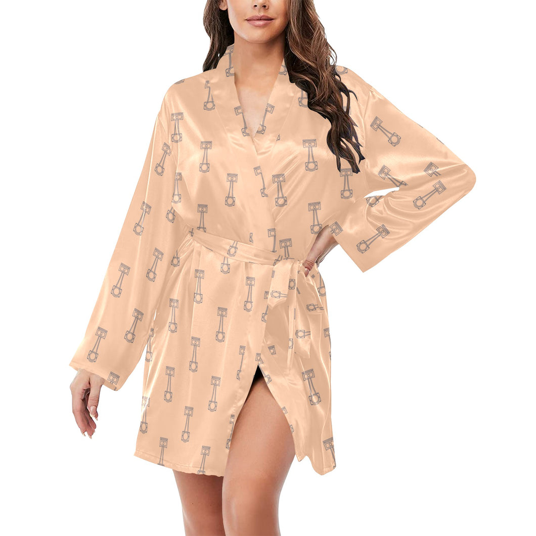 Engine Piston Cream Background Pattern Design 04 Women's Long Sleeve Belted Night Robe