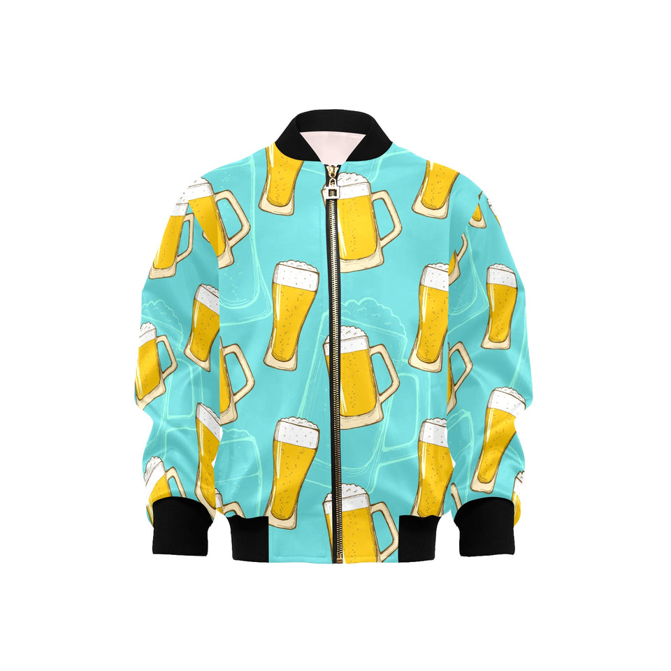 Beer pattern green background Kids' Boys' Girls' Bomber Jacket