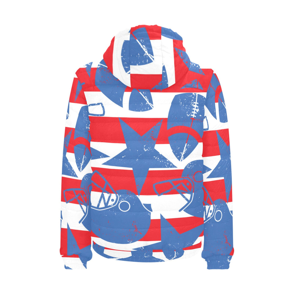 American football ball star stripes pattern Men's Padded Hooded Jacket