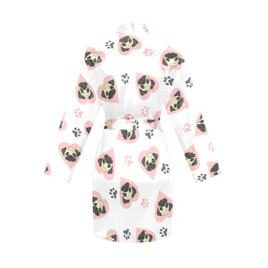 Cute pugs pink heart paw pattern Women's Long Sleeve Belted Night Robe