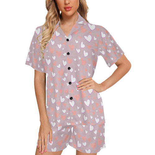 coral white heart pattern Women's V-Neck Short Pajama Set