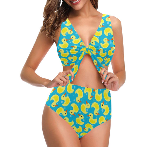 Duck Pattern Print Design 04 Chest Bowknot High Waisted Bikini Swimsuit