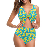 Duck Pattern Print Design 04 Chest Bowknot High Waisted Bikini Swimsuit