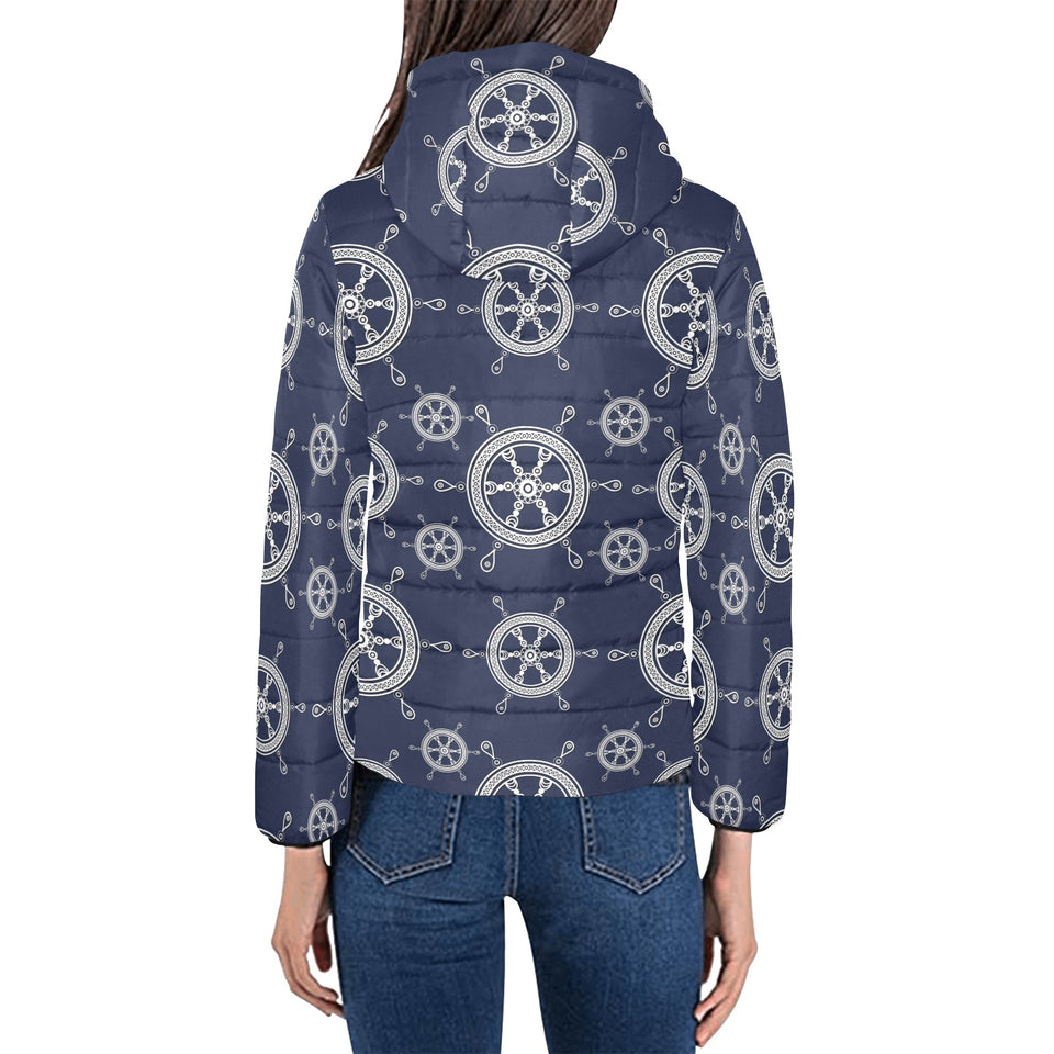 nautical steering wheel design pattern Women's Padded Hooded Jacket