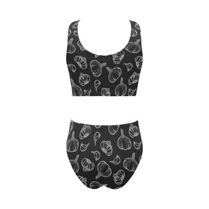 Garlic pattern black background Chest Bowknot High Waisted Bikini Swimsuit
