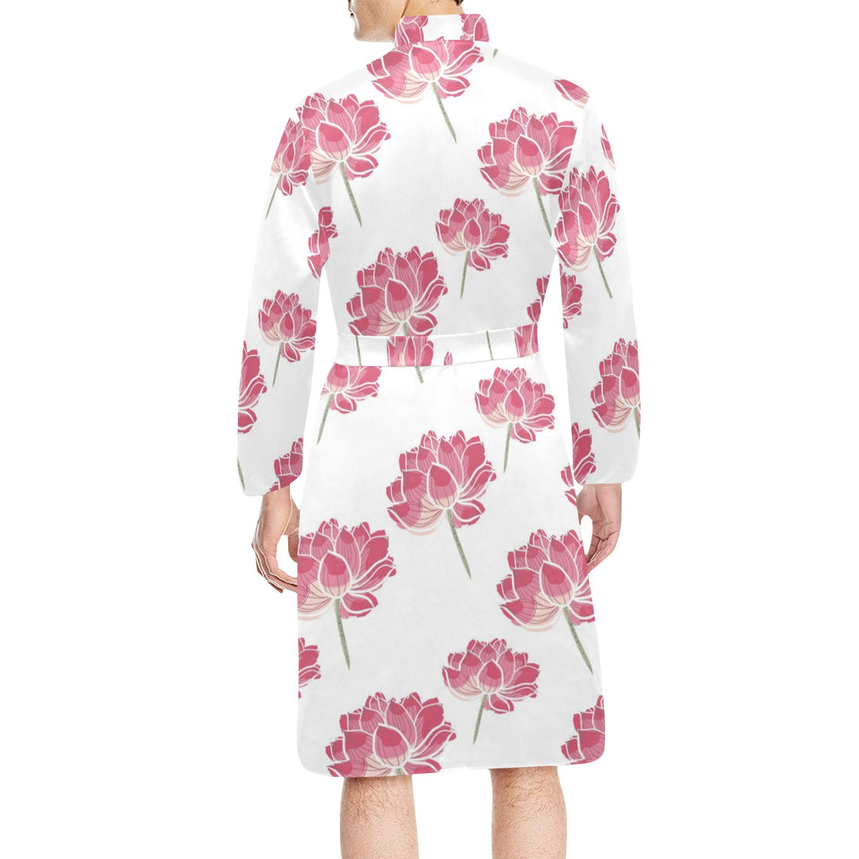 Pink lotus waterlily pattern Men's Long Sleeve Belted Night Robe