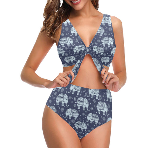 Elephant tribal design pattern Chest Bowknot High Waisted Bikini Swimsuit