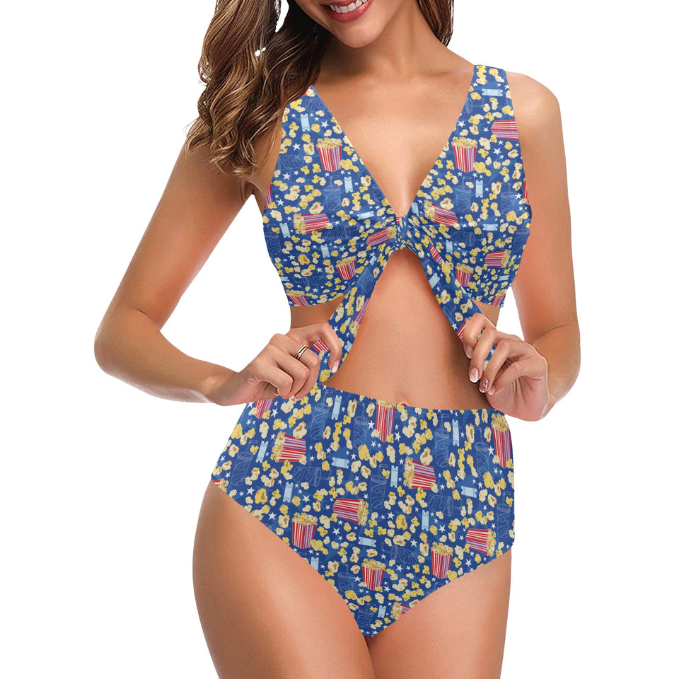 Popcorn Pattern Print Design 01 Chest Bowknot High Waisted Bikini Swimsuit