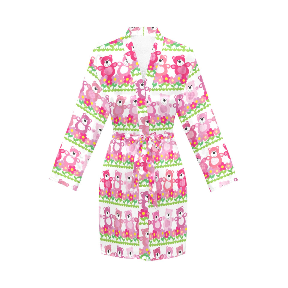 Teddy Bear Pattern Print Design 04 Women's Long Sleeve Belted Night Robe