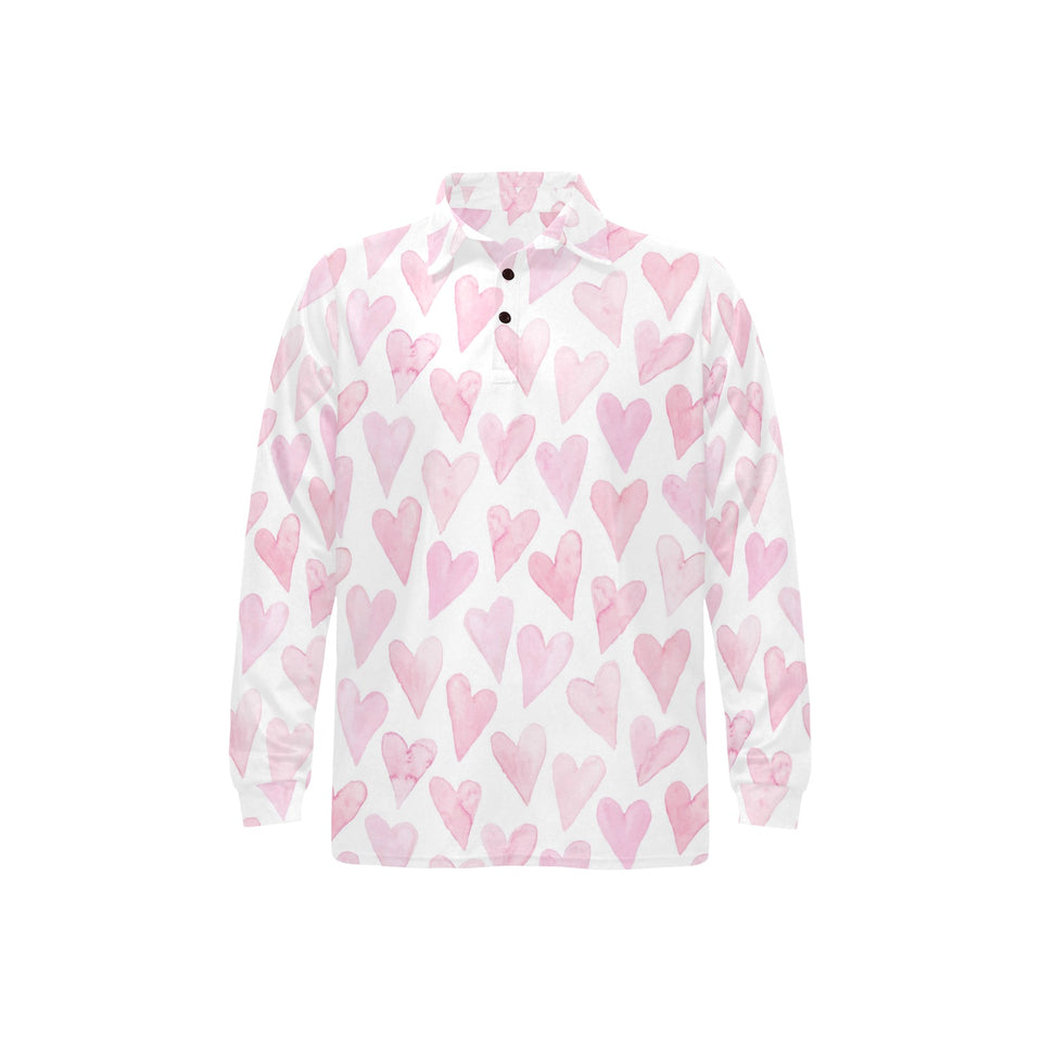 Watercolor pink heart pattern Men's Long Sleeve Polo Shirt
