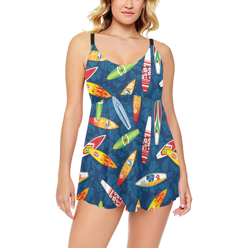 Surfboard Pattern Print Design 01 Chest Sexy Pleated Two Piece Swim Dress