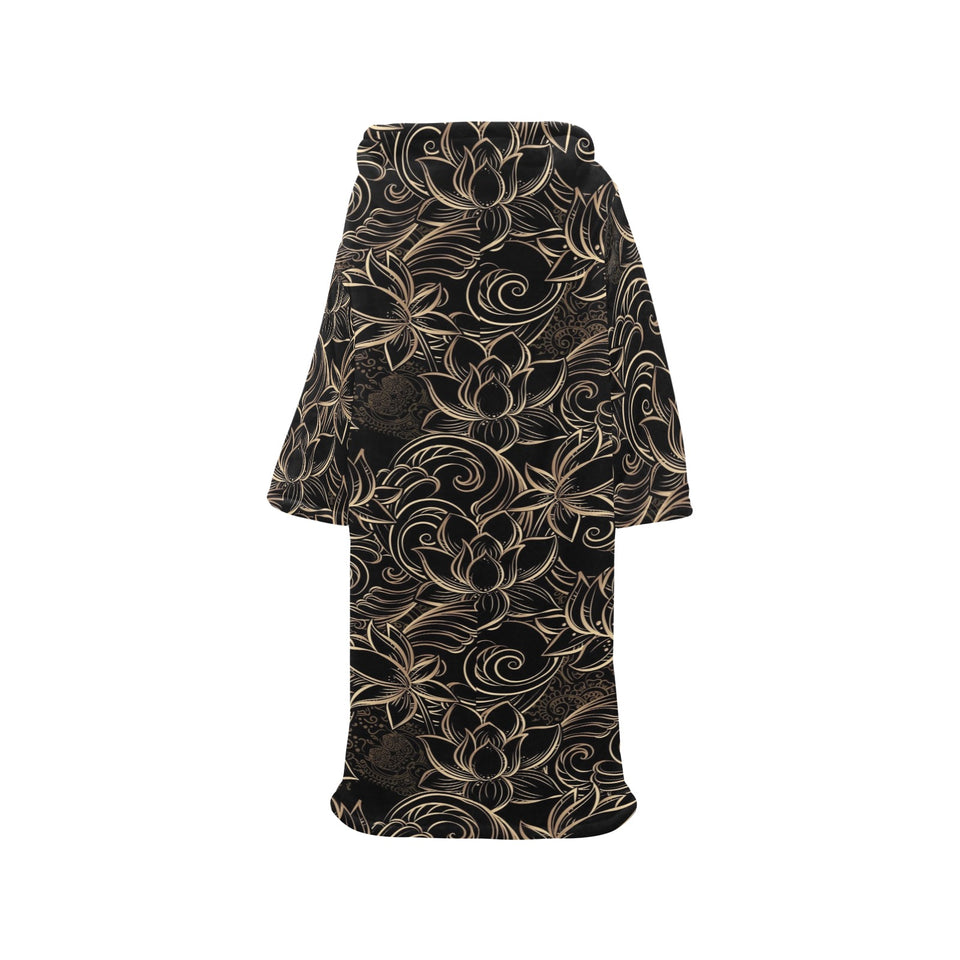 luxurious gold lotus waterlily black background Blanket Robe with Sleeves