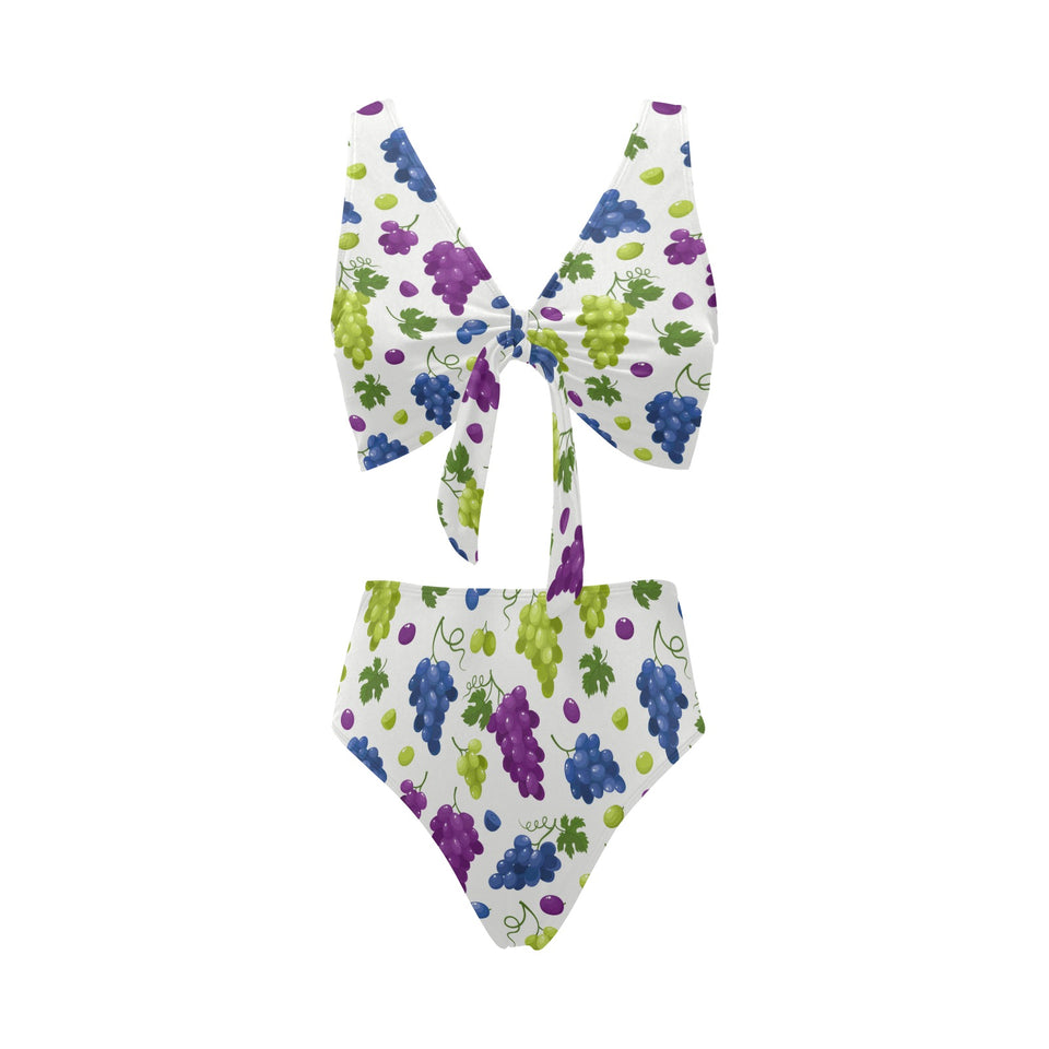 Grape pattern Chest Bowknot High Waisted Bikini Swimsuit