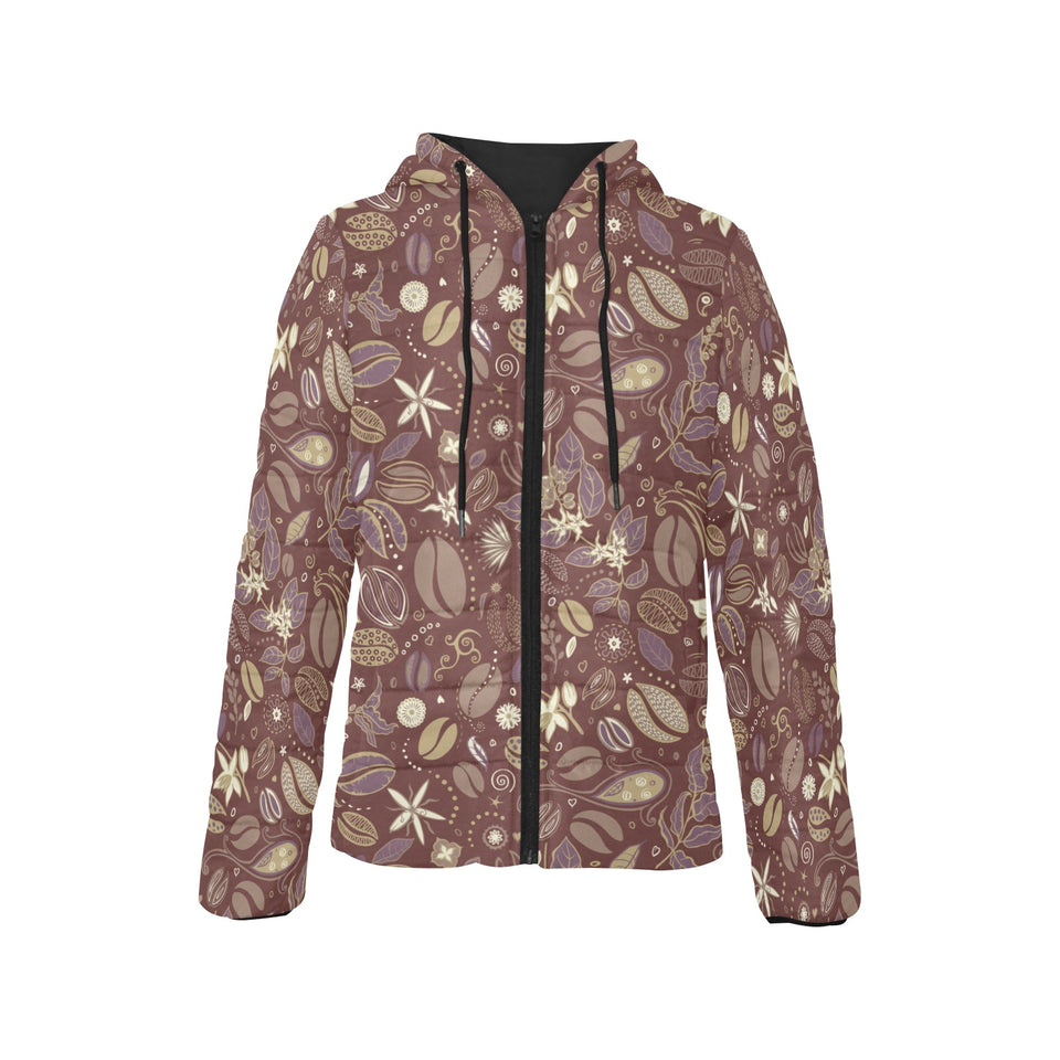Coffee bean flower pattern Women's Padded Hooded Jacket