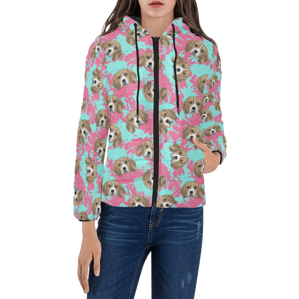 Beagle muzzles turquoise paint splashes pink patte Women's Padded Hooded Jacket