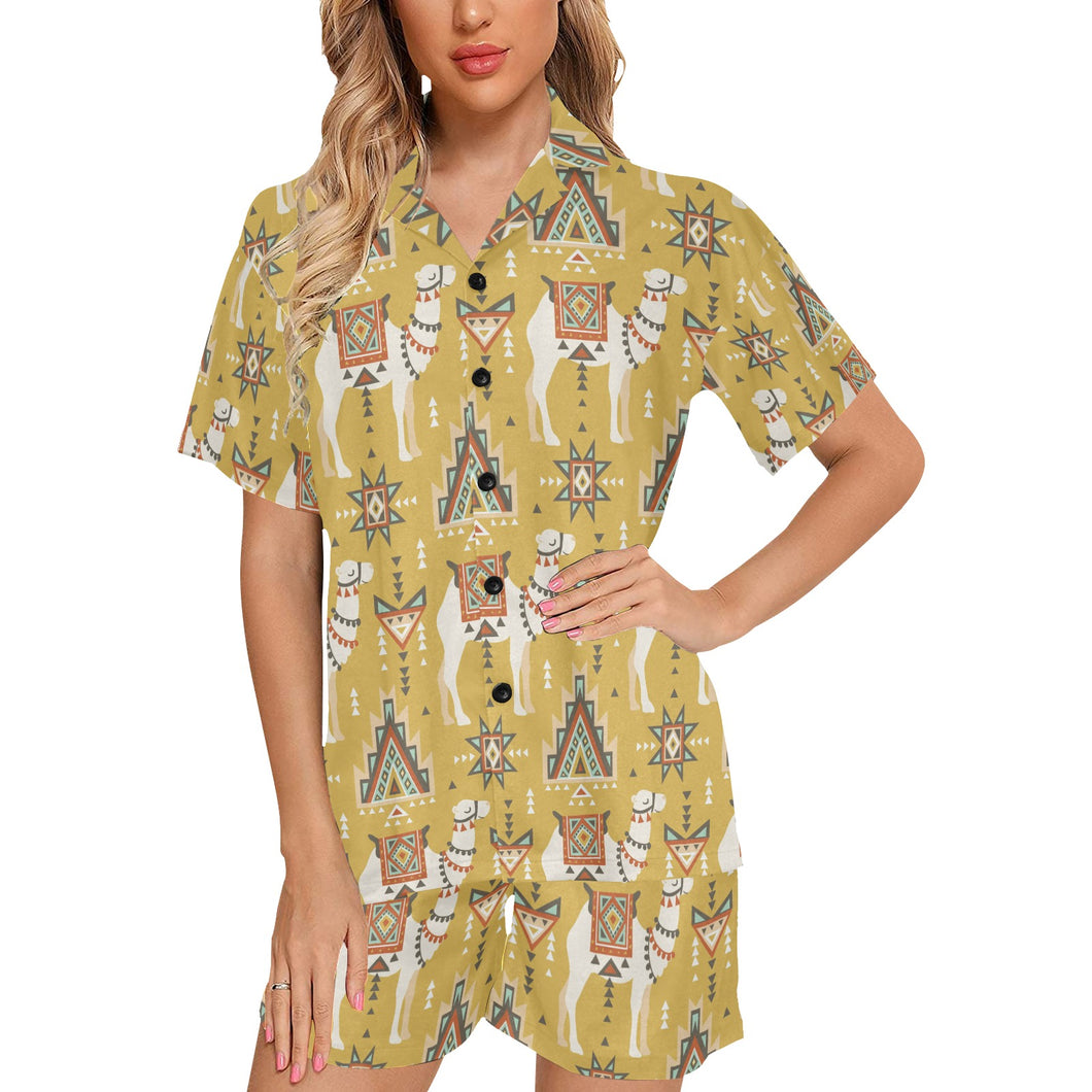 Camels ethnic motif pattern Women's V-Neck Short Pajama Set