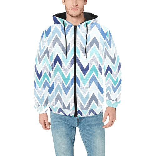 zigzag chevron blue pattern Men's Padded Hooded Jacket