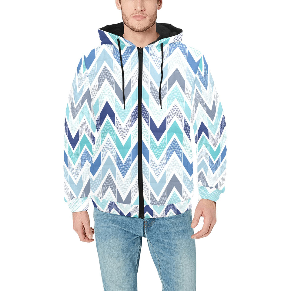 zigzag chevron blue pattern Men's Padded Hooded Jacket