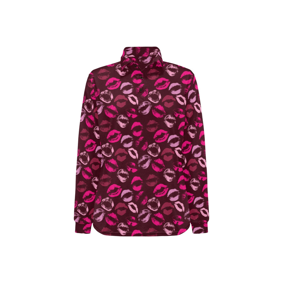 Lips Pattern Print Design 03 Women's Long Sleeve Polo Shirt