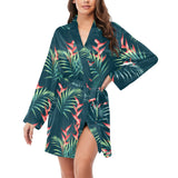 heliconia flowers, palm and monstera leaves on bla Women's Long Sleeve Belted Night Robe