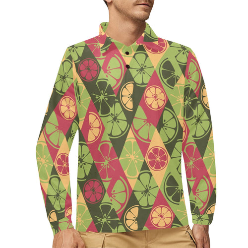 Cool Geometric lime pattern Men's Long Sleeve Polo Shirt