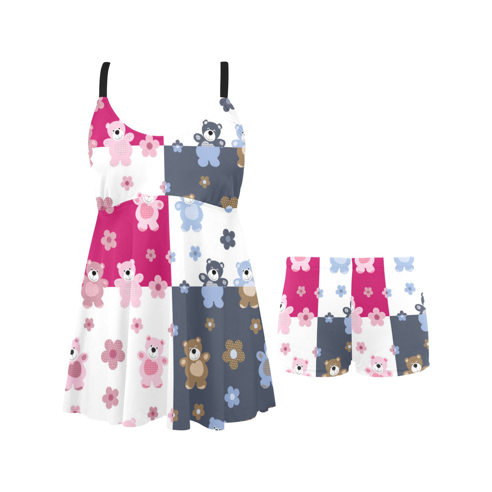 Teddy Bear Pattern Print Design 03 Chest Sexy Pleated Two Piece Swim Dress