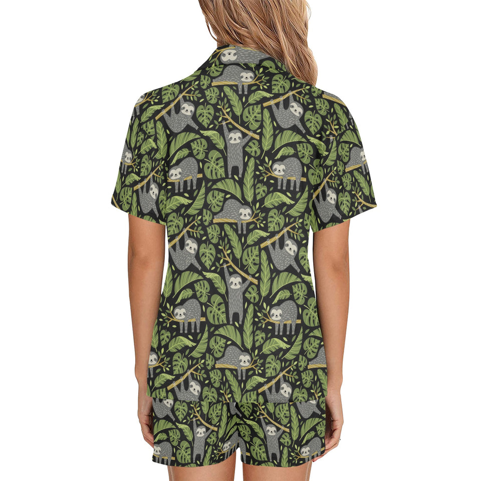 Cute sloths tropical palm leaves black background Women's V-Neck Short Pajama Set