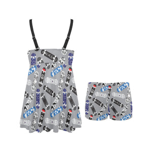 Skate Board Pattern Print Design 03 Chest Sexy Pleated Two Piece Swim Dress