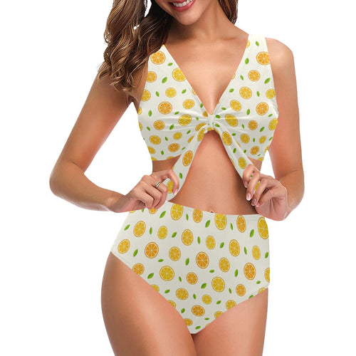 oranges leaves pattern Chest Bowknot High Waisted Bikini Swimsuit