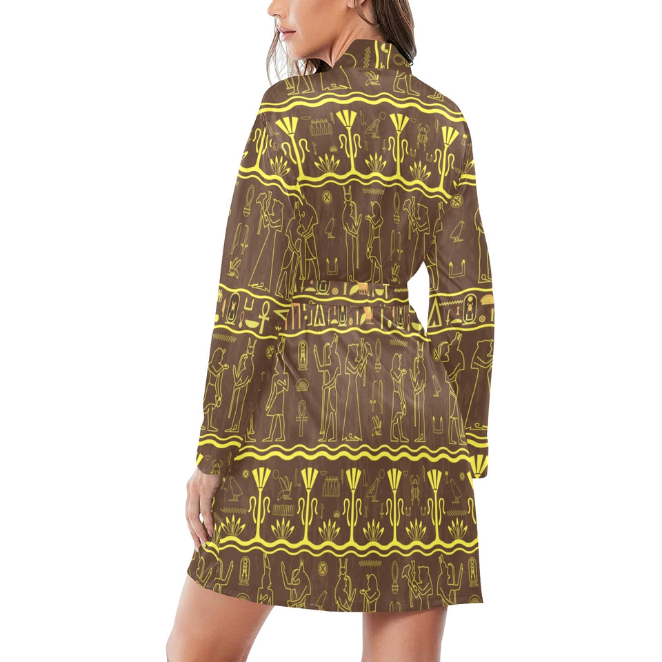 Egypt Hieroglyphics Pattern Print Design 03 Women's Long Sleeve Belted Night Robe