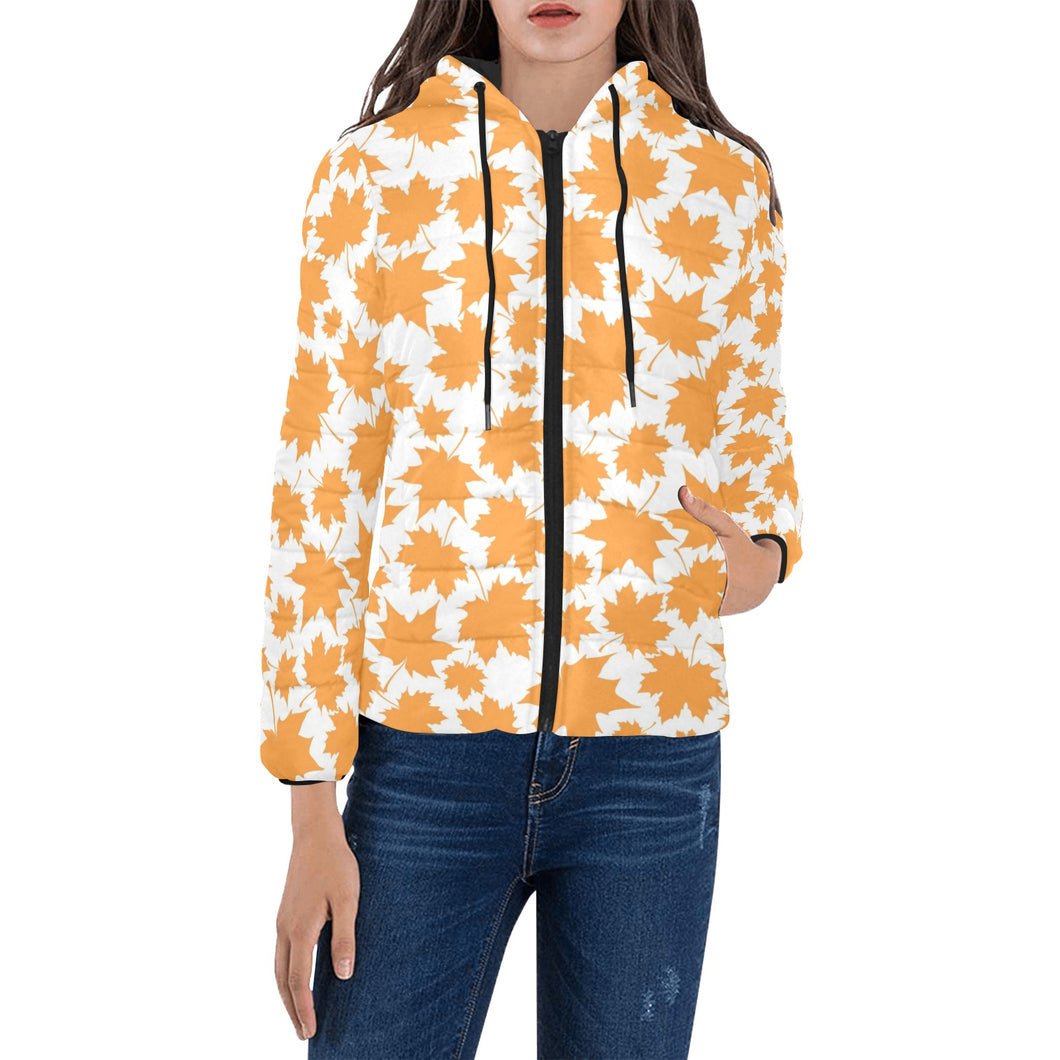 Orange Maple Leaf pattern Women's Padded Hooded Jacket