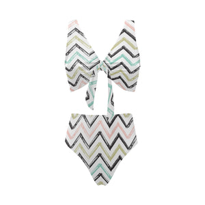 zigzag chevron paint pattern Chest Bowknot High Waisted Bikini Swimsuit