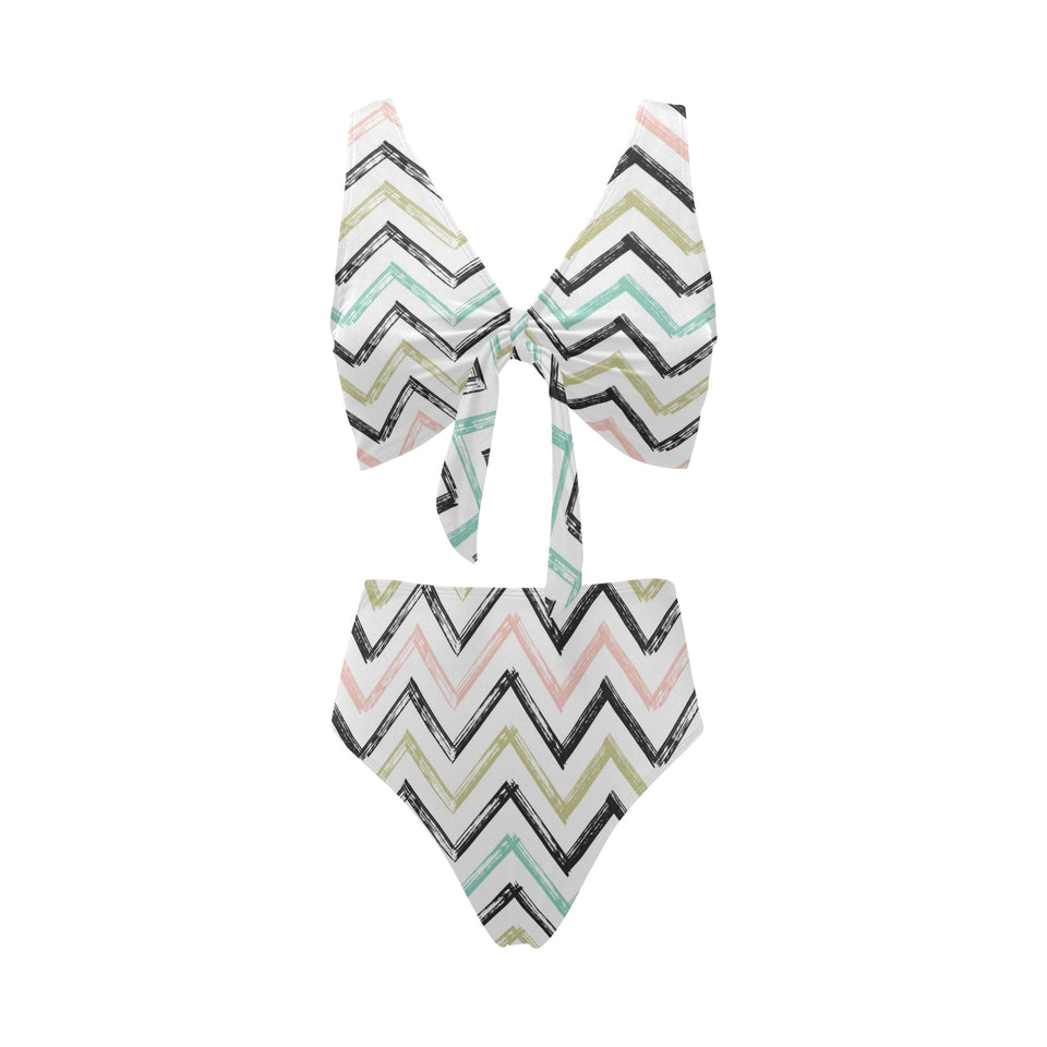zigzag chevron paint pattern Chest Bowknot High Waisted Bikini Swimsuit